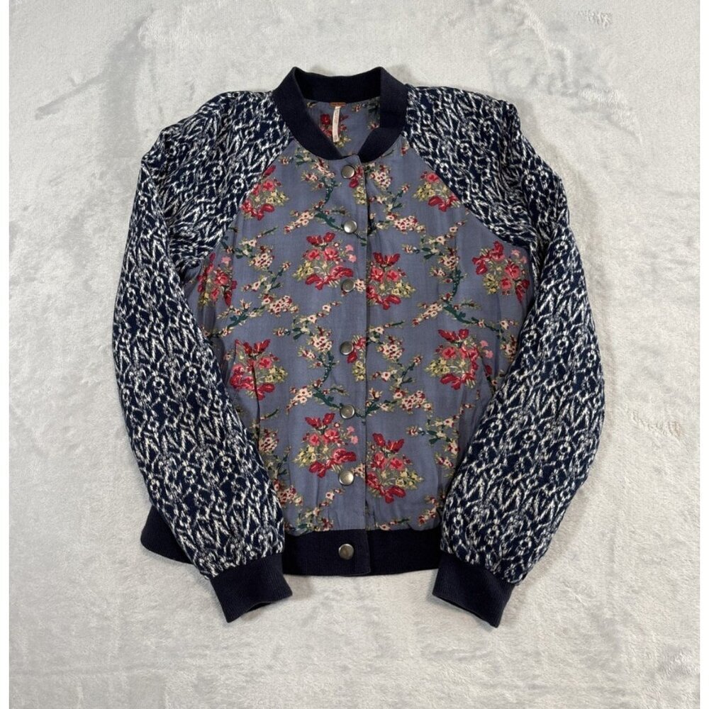 Free People Vintage Mixed Floral Boho Cottagecore Baseball Bomber Jacket X-Small